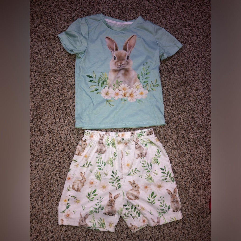 SHEIN Mint Green Bunny Floral Kids Pajama Set
